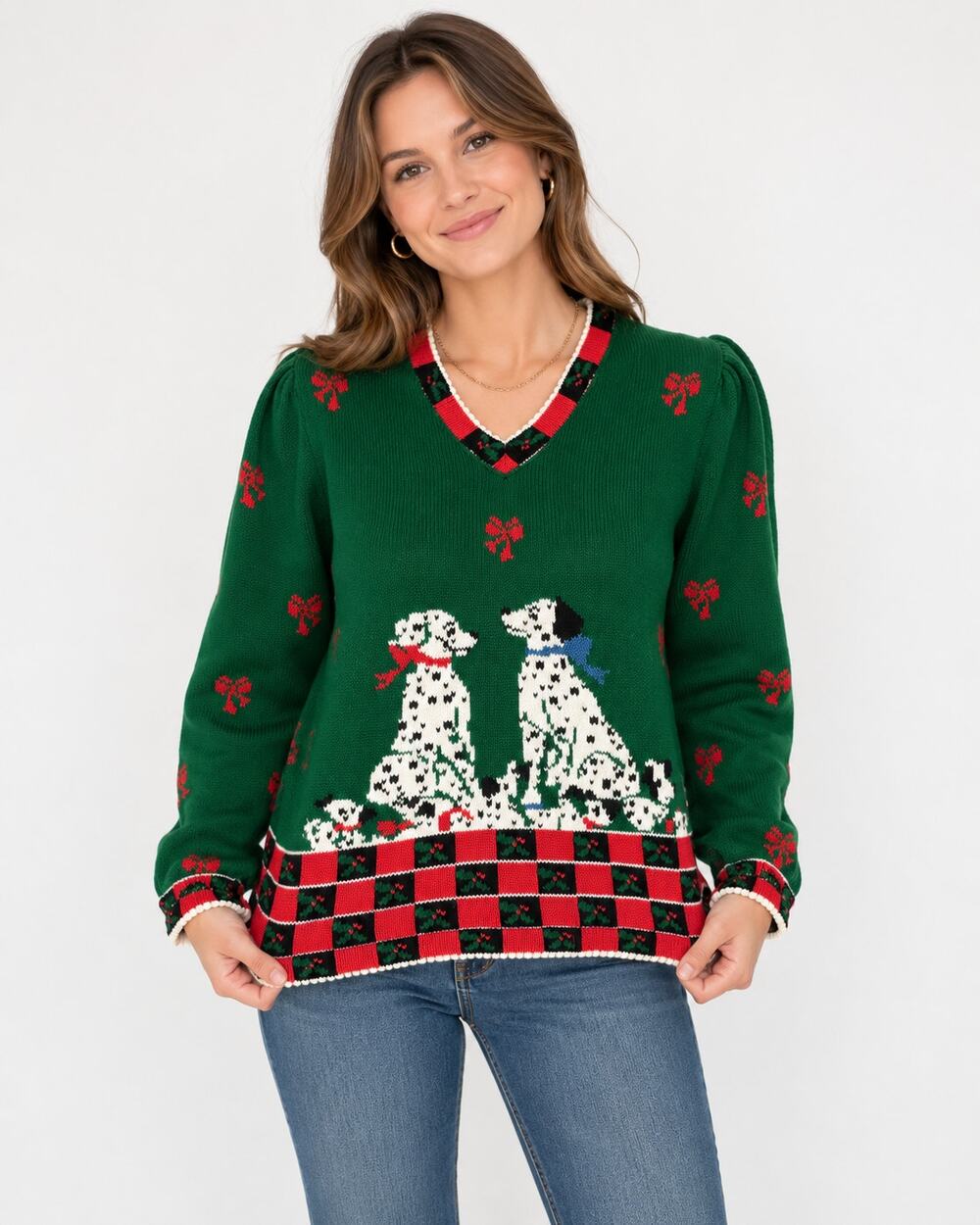 Vintage Cullinane Christmas Sweater Womens M Dalmatian Dog Angora Green 80s